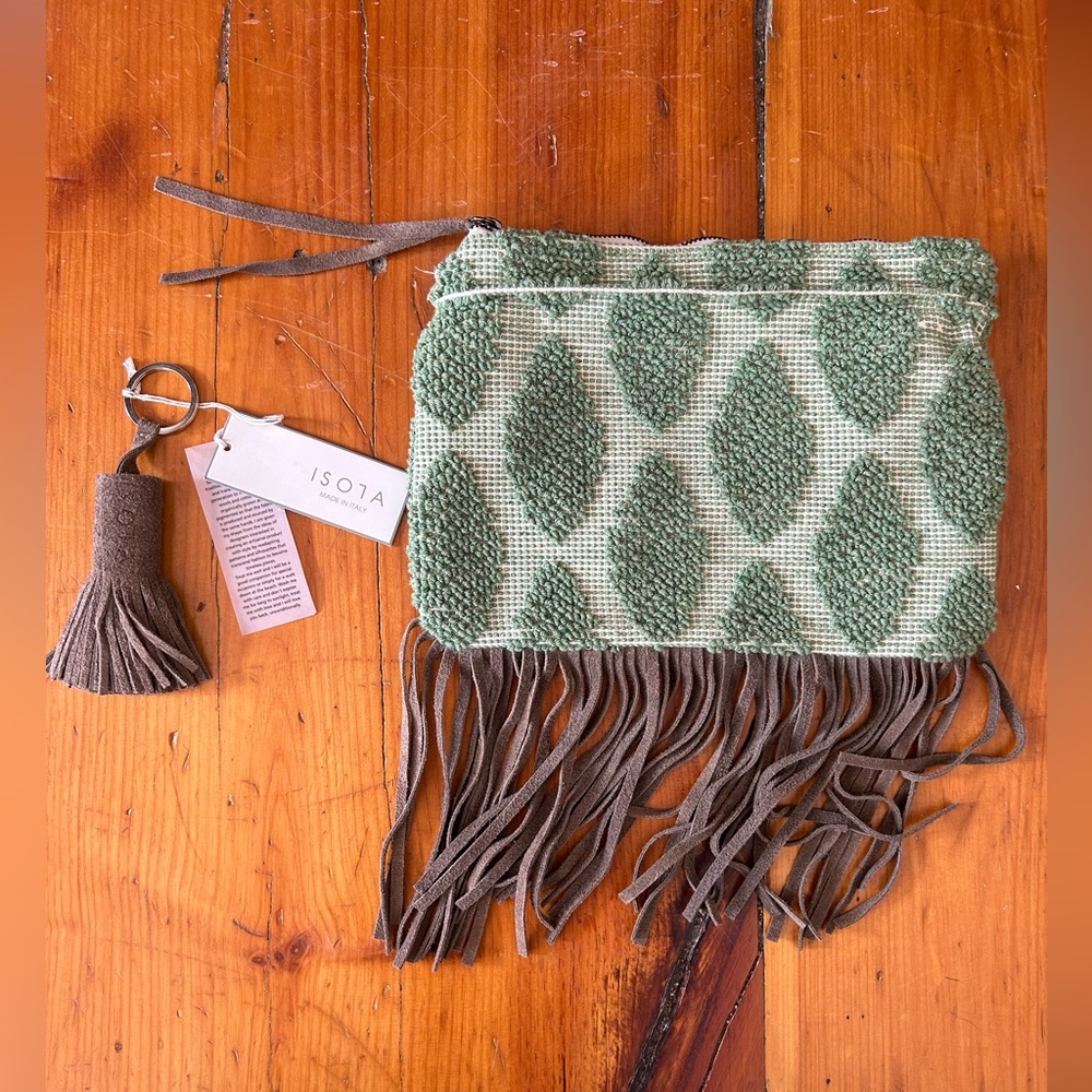 Isola handmade in Italy clutch purse sage green chenille with leather fringe